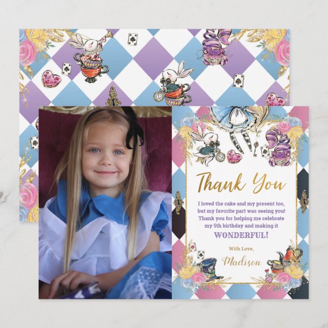 Alice in Wonderland Birthday Photo Picture Thank You Card (Front/Back)