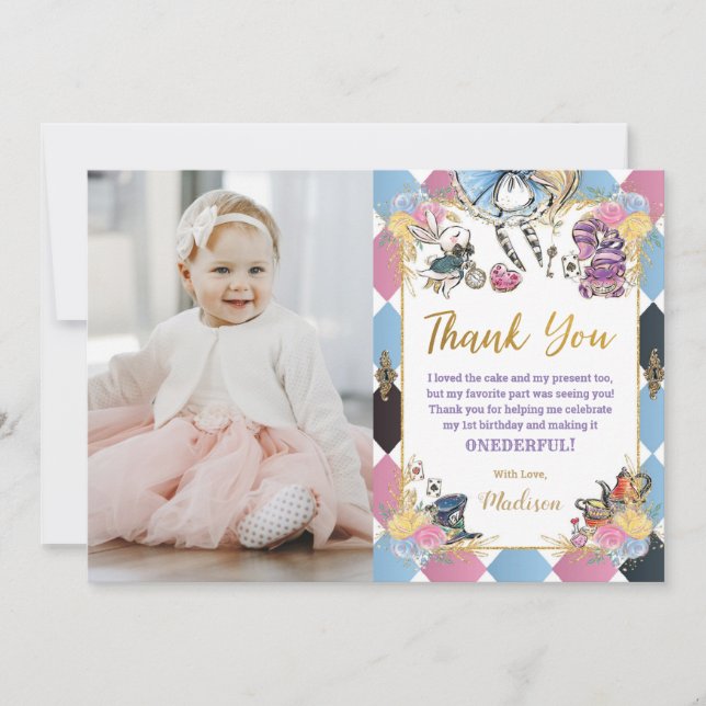 Alice in Wonderland Birthday Photo Thank You Card (Front)