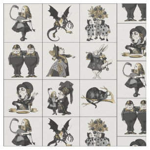 Alice in Wonderland Black/Gold in Table on White  Fabric
