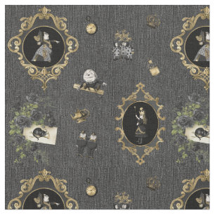 Alice in Wonderland Black/Gold on Black Denim Fabric