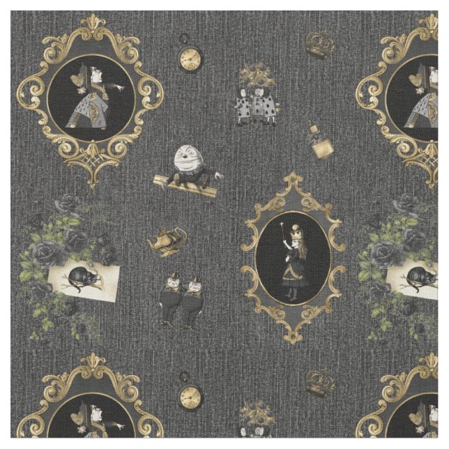 Alice in Wonderland Black/Gold on Black Denim Fabric (Close Up)