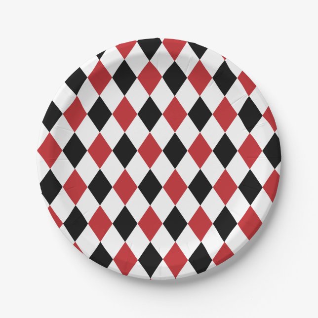 Alice in Wonderland Black Red Argyle Tea Party  Paper Plate (Front)