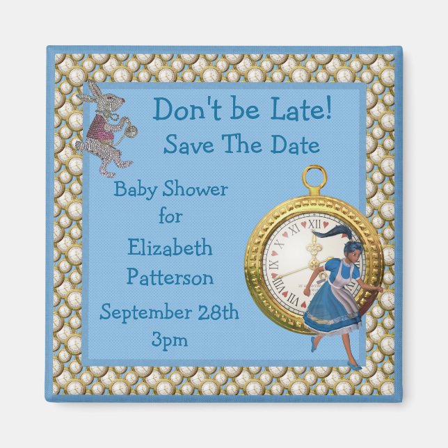 Alice in Wonderland Blue Save The Date Baby Shower Magnet (Front)