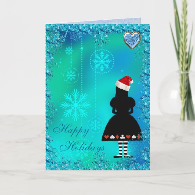 Alice in Wonderland Blue Sequins Christmas Card (Front)