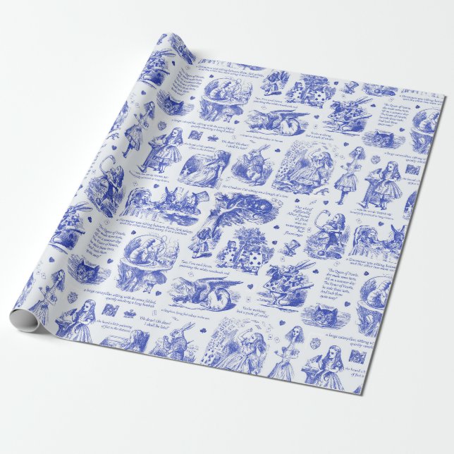 Alice in Wonderland Blue Toile Book Quotes Wrapping Paper (Unrolled)