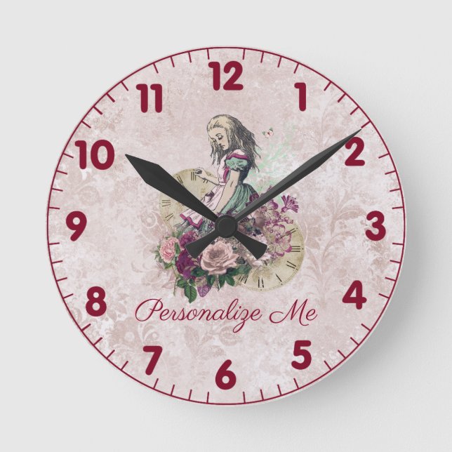 Alice in Wonderland Blush Floral Personalised Round Clock (Front)