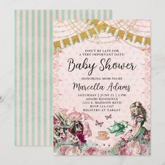 Alice in Wonderland Blush & Mint Baby Shower Invitation (Front/Back)