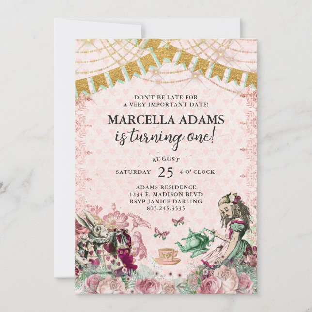 Alice In Wonderland Blush & Mint Birthday Invitation (Front)
