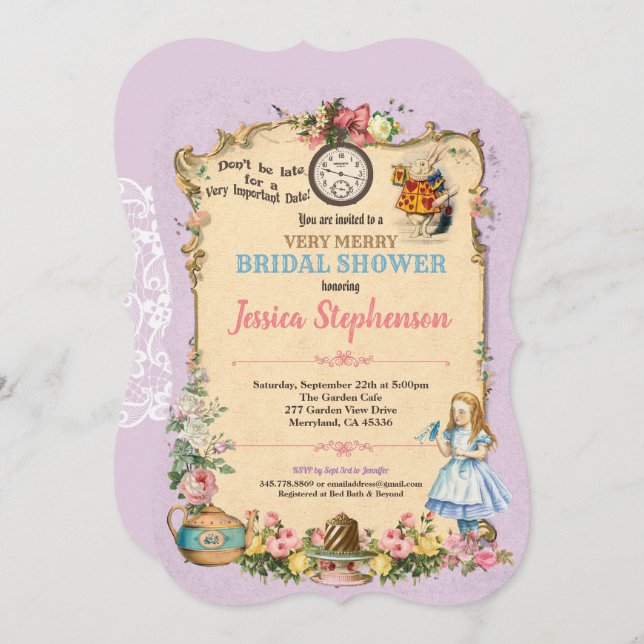 Alice in Wonderland bridal shower invitation lilac (Front/Back)