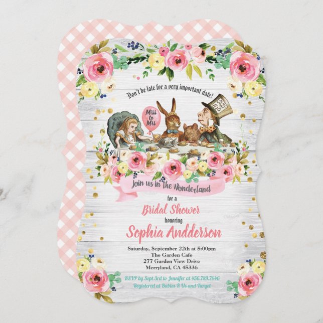 Alice in Wonderland bridal shower invitation pink (Front/Back)