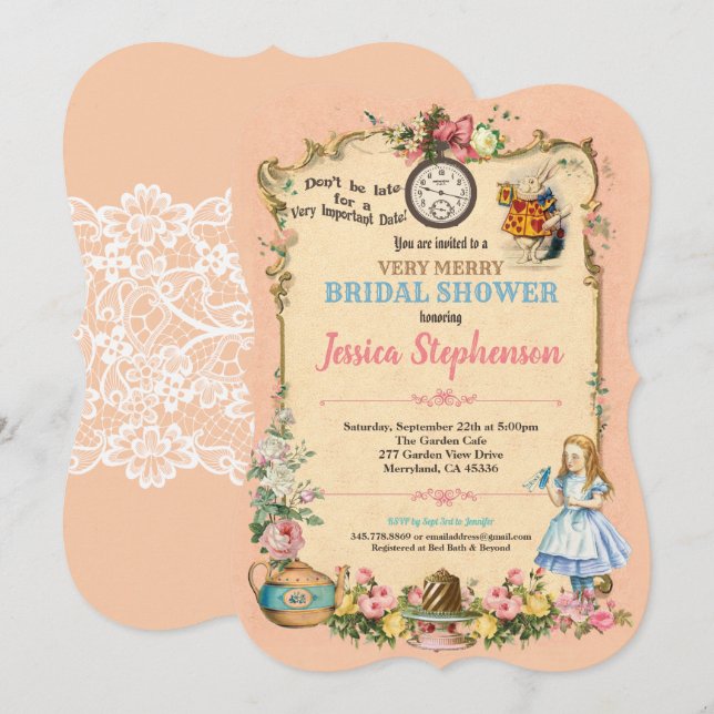 Alice in Wonderland bridal shower invitation pink (Front/Back)