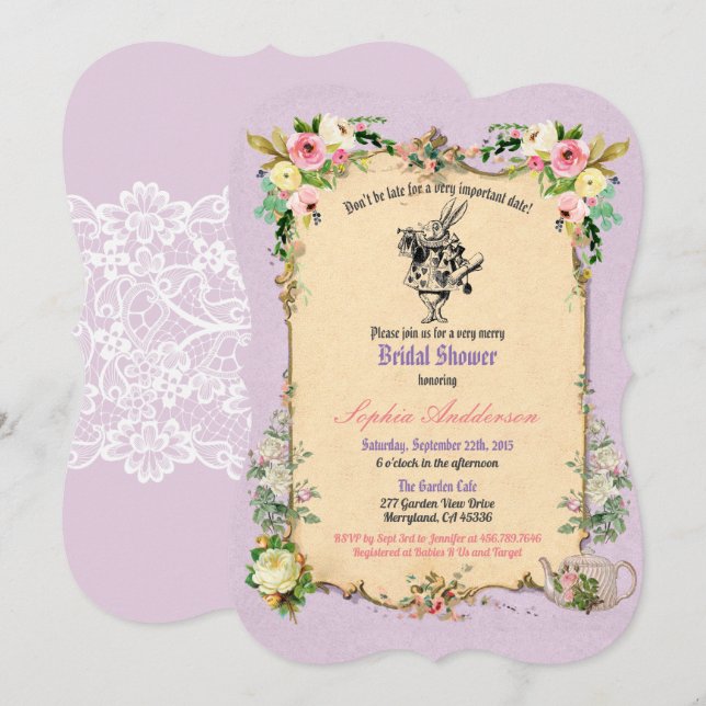 Alice in Wonderland bridal shower invitation tea (Front/Back)