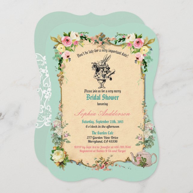 Alice in Wonderland bridal shower invitation teal (Front/Back)