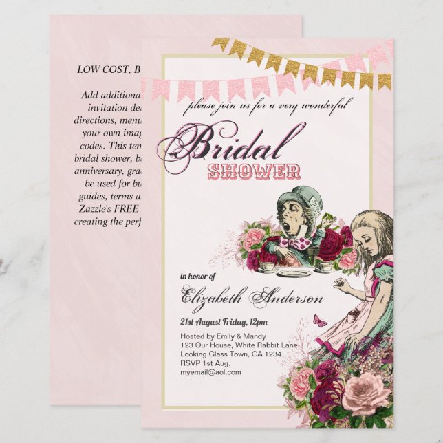Alice in Wonderland Bridal Shower Tea Party Invite (Front/Back)