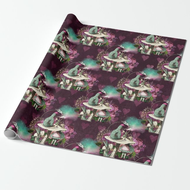 Alice in Wonderland Caterpillar Purple Wrapping Paper (Unrolled)
