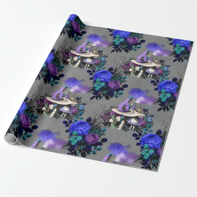 Alice in Wonderland Caterpillar Smoking Flowers Wrapping Paper (Unrolled)