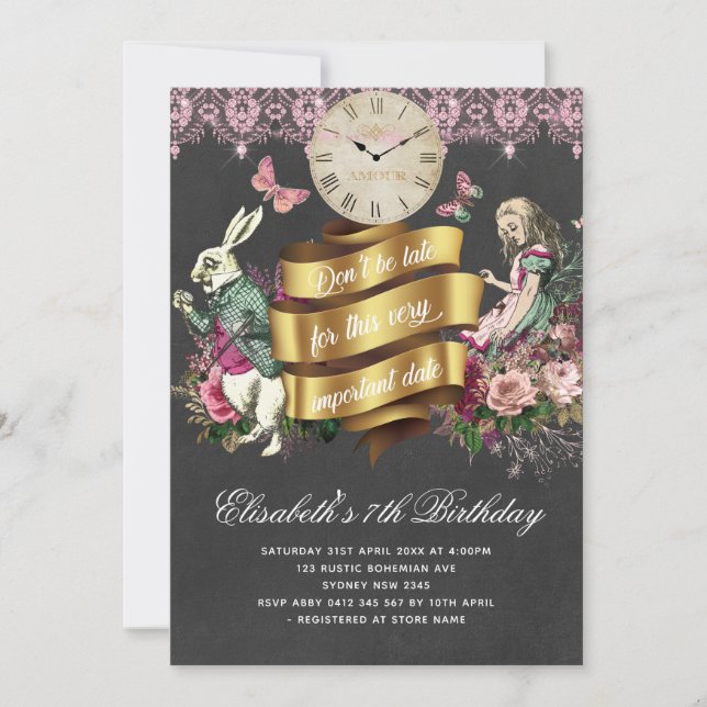 Alice in Wonderland Chalkboard Birthday Invitation (Front)