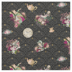 Alice in Wonderland Characters on Black and Gold Fabric