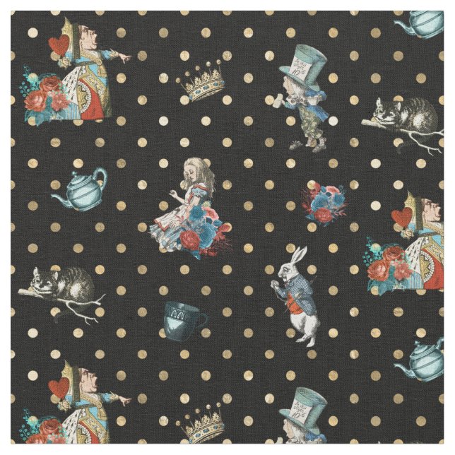 Alice in Wonderland Characters on Black Gold Dots Fabric (Close Up)