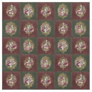 Alice in Wonderland Characters on Red/Green & Gold Fabric