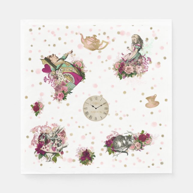 Alice in Wonderland Characters on White & Glitter Napkin (Front)