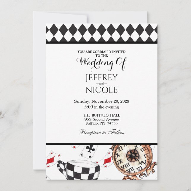 Alice in Wonderland Chequered Wedding Invitation (Front)