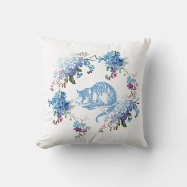 Alice in Wonderland Cheshire Cat Blue Floral Cushion (Front)