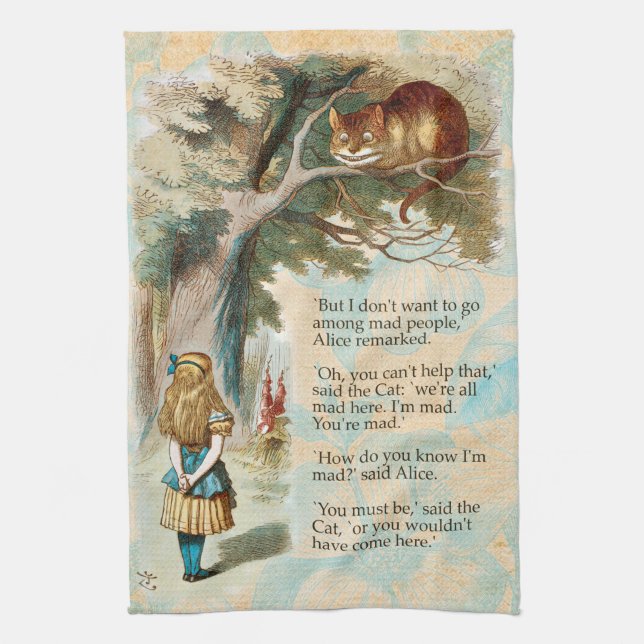 Alice in Wonderland Cheshire Cat Mad  Tea Towel (Vertical)