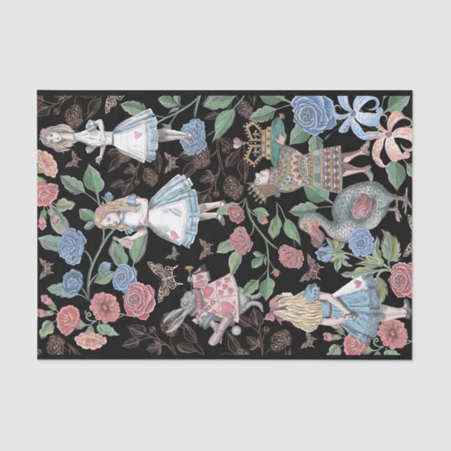 Alice In Wonderland Collage Decoupage Black Tissue Paper (Front)