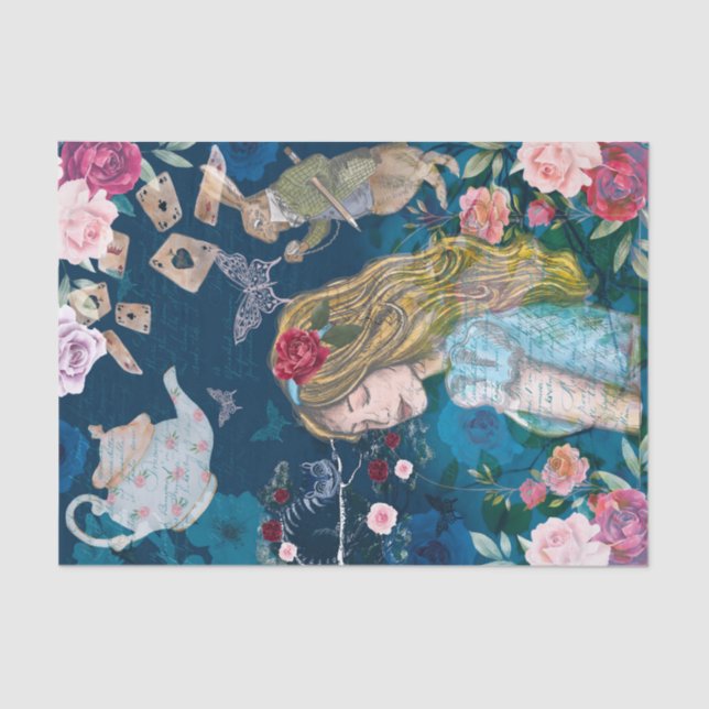 Alice In Wonderland Collage Decoupage Floral Roses Tissue Paper (Front)