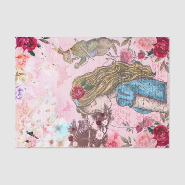 Alice In Wonderland Collage Decoupage Floral Roses Tissue Paper (Front)