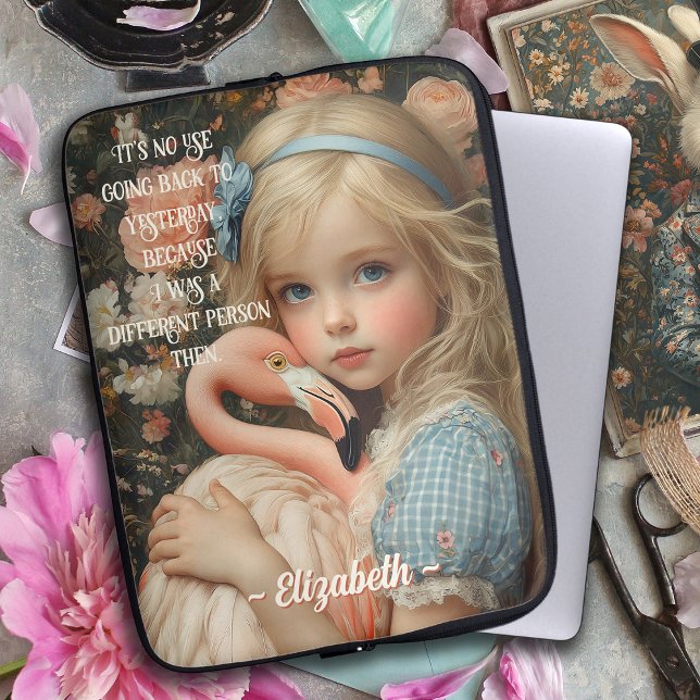 Alice in Wonderland cuddles a Pink Flamingo Laptop Sleeve (Creator Uploaded)