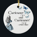 Alice in Wonderland Curiouser Butterfly Ornament<br><div class="desc">A lovely vintage Alice in Wonderland in black and white and her familiar blue dress appears on this fun and nostalgic design with the quotation, "Curiouser and curiouser! cried Alice" and vintage blue butterflies. The back is blank and ready to personalise with a name, date or other message. Matching items...</div>