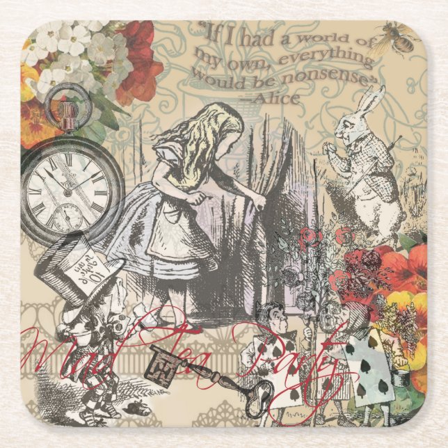 Alice in Wonderland Curtain Classic Art Square Paper Coaster (Front)