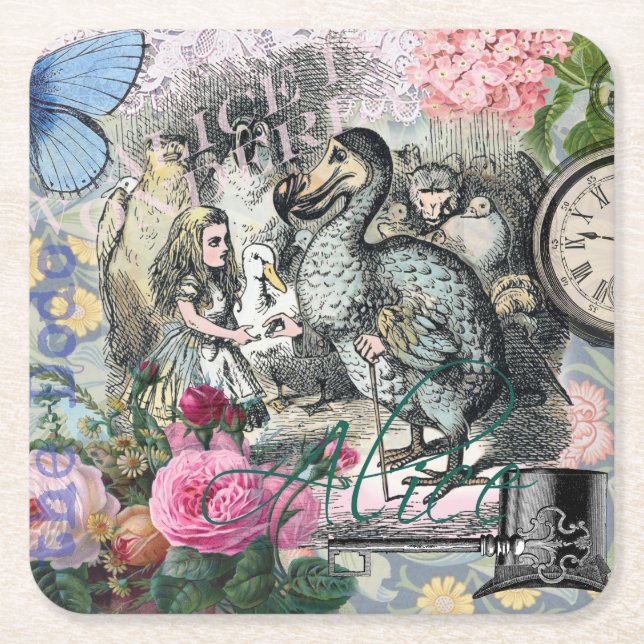 Alice in Wonderland Dodo Classic Tenniel Art Square Paper Coaster (Front)