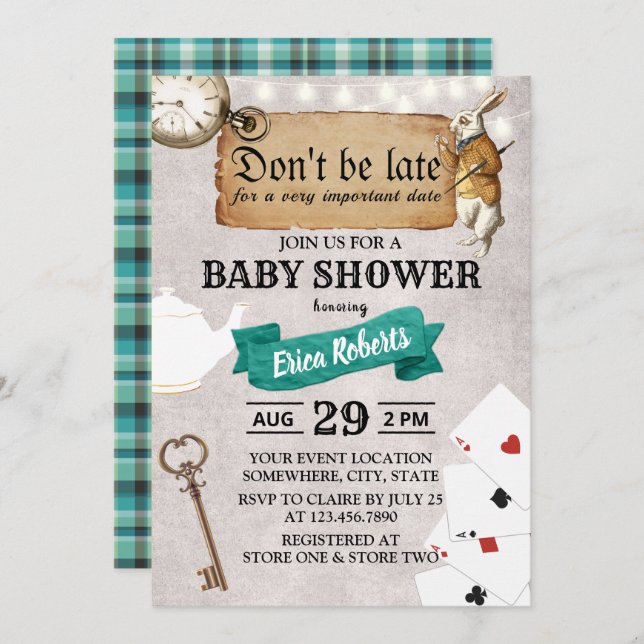 Alice in Wonderland Don't be Late Cute Baby Shower Invitation (Front/Back)
