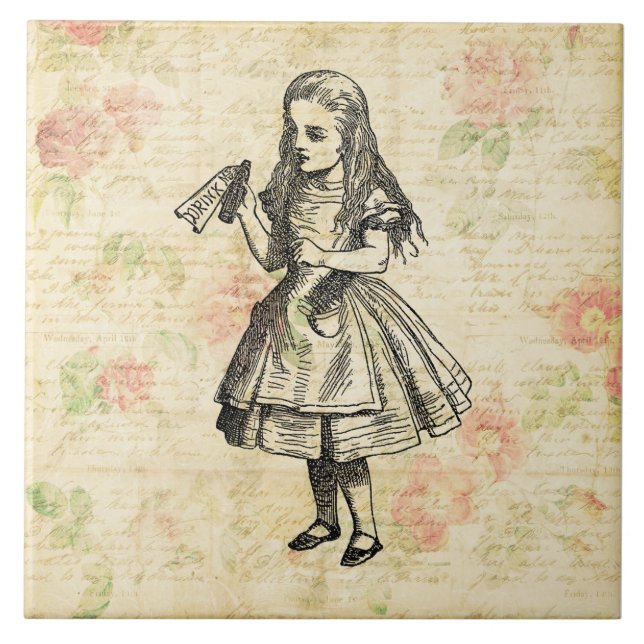 Alice in Wonderland Drink Me Illustration Floral Ceramic Tile (Front)