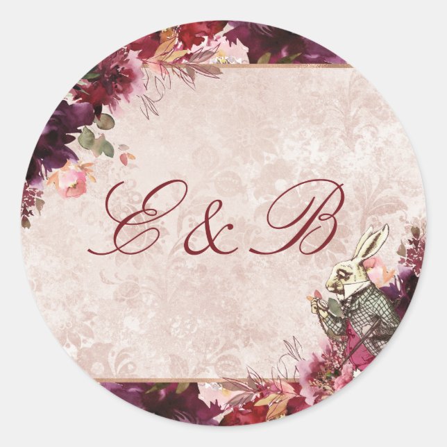 Alice in Wonderland Elegant Monogram Wedding Classic Round Sticker (Front)