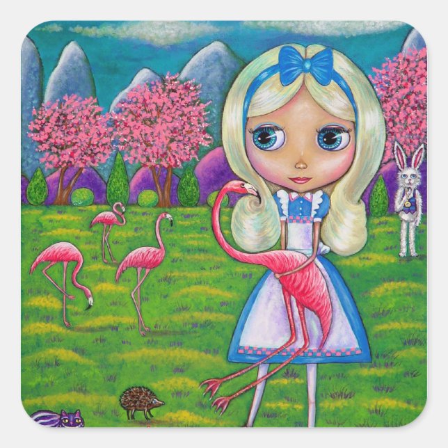 Alice in Wonderland Flamingo Croquet Hedgehog Square Sticker (Front)