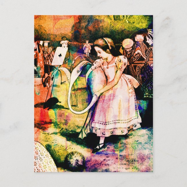 Alice in Wonderland Flamingo Croquet Watercolour Postcard (Front)