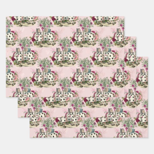Alice in Wonderland Floral Cards on Pink Wrapping Paper Sheet (Set)