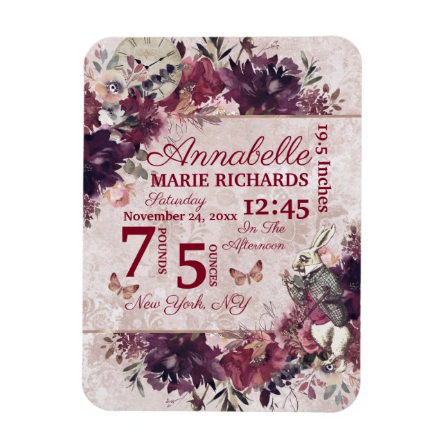 Alice in Wonderland Floral Custom Baby Birth Stats Magnet (Vertical)