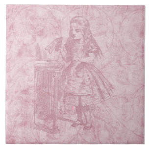 Alice in Wonderland Floral Pink Alice with Bottle Ceramic Tile