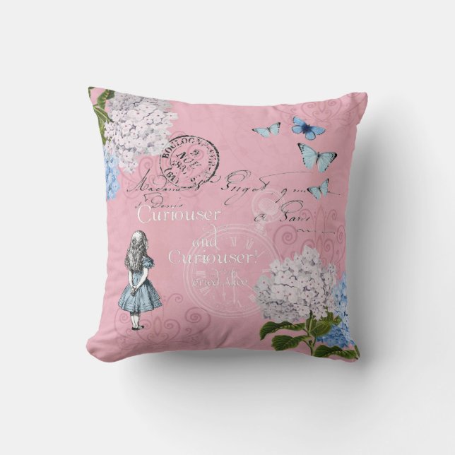 Alice in Wonderland Floral Pink Blue Throw Pillow (Front)
