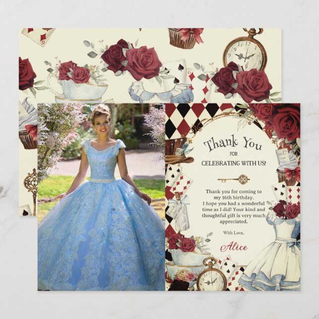 Alice in Wonderland Floral Sweet 16 Bridal Photo Thank You Card (Front/Back)