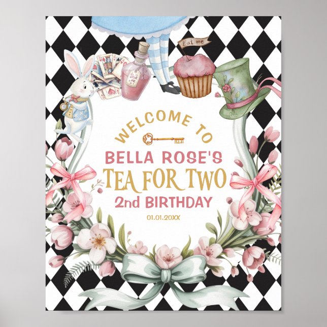 Alice in Wonderland Flower 2nd birthday Welcome Poster (Front)