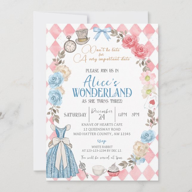 Alice in Wonderland, Girl 3rd Birthday Tea Party Invitation (Front)