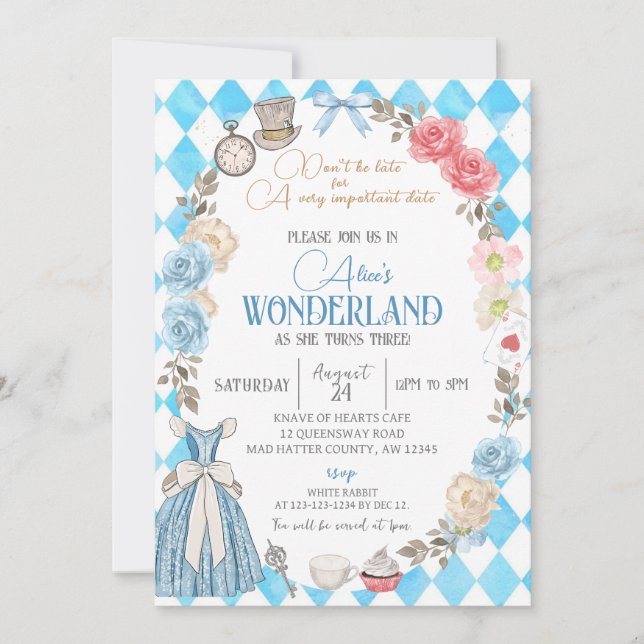Alice in Wonderland, Girls Birthday Tea for Two Invitation (Front)