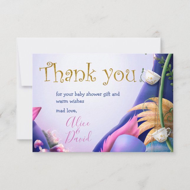 Alice in Wonderland, gold glitter, baby shower Thank You Card (Front)