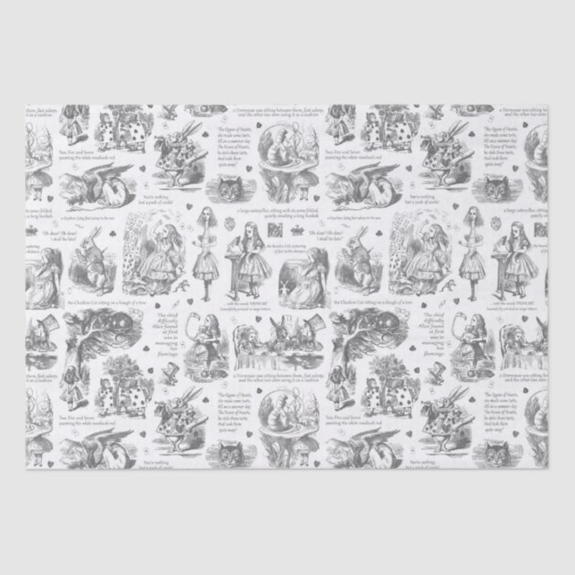 Alice in Wonderland Grey White Toile Quotes Tissue Paper (Front)